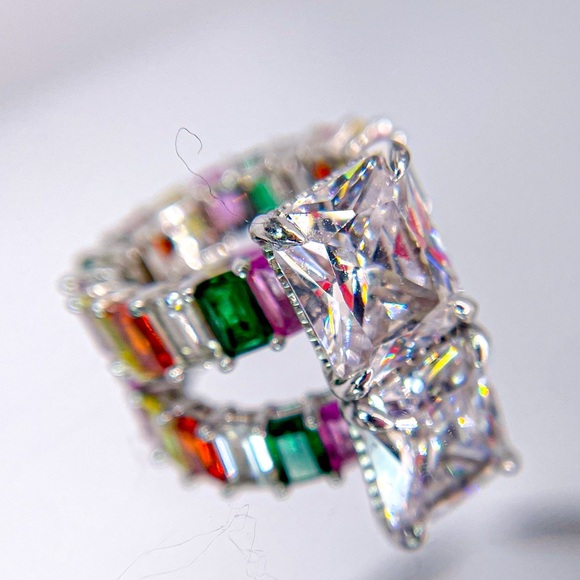 Silver Tone Radiant Cut Cubic Zirconia with Rainbow Stone on Band Size 5.25 - Picture 5 of 10